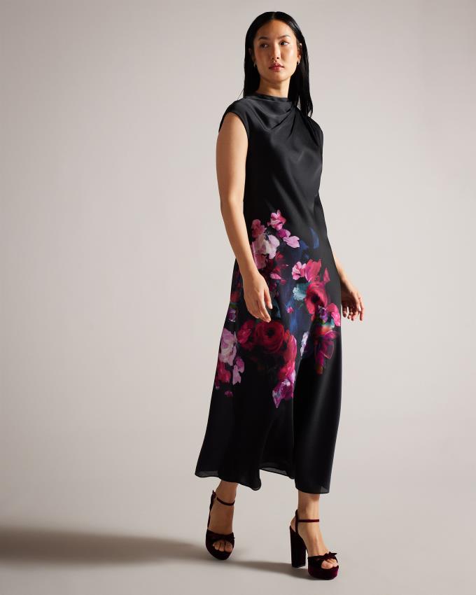 Peignoir Ted Baker Floral Satin Midaxi With Draped Neckline Noir Femme | HWD-94605356